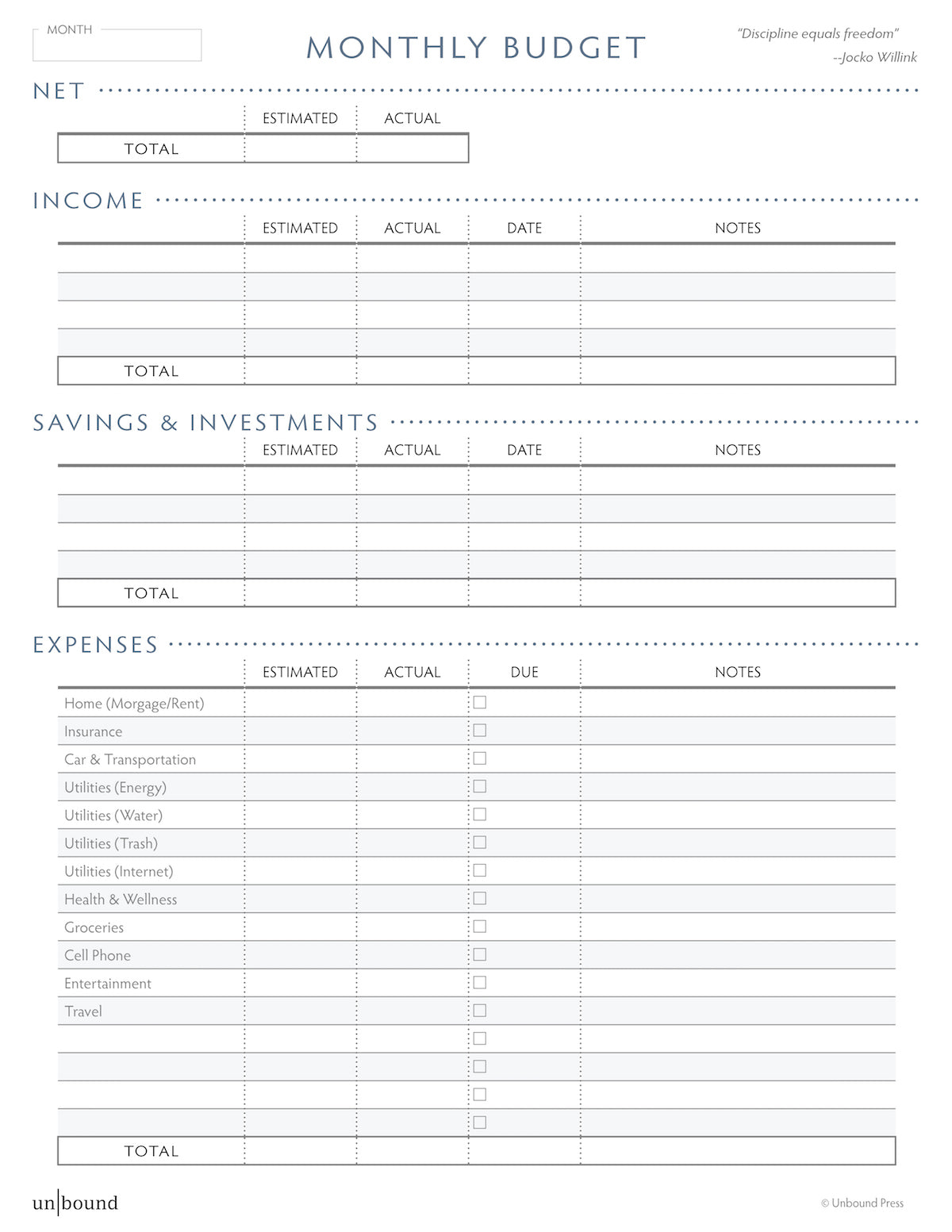 Printable - Monthly Budget Worksheet – Unbound Planner Printable - Monthly Budget Worksheet – Unbound Planner