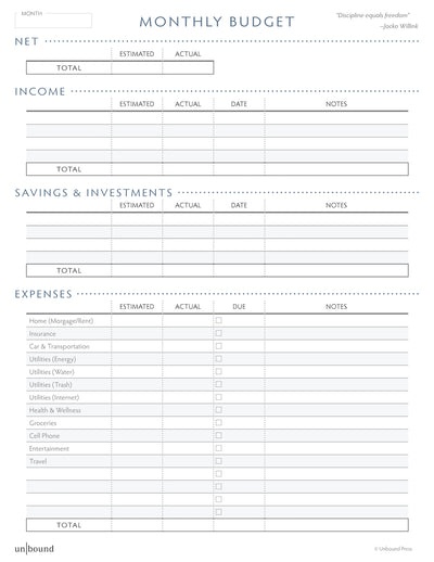 Printable - Monthly Budget Worksheet